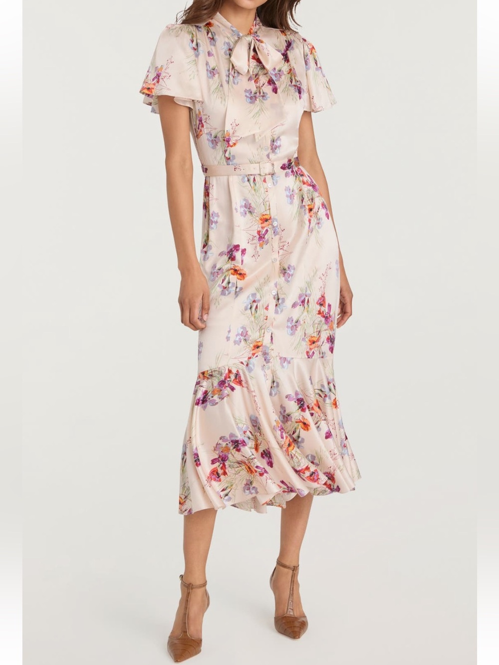 NWT cinq a sept iris bouquet willow dress oatmilk Tie-Neck Midi Dress